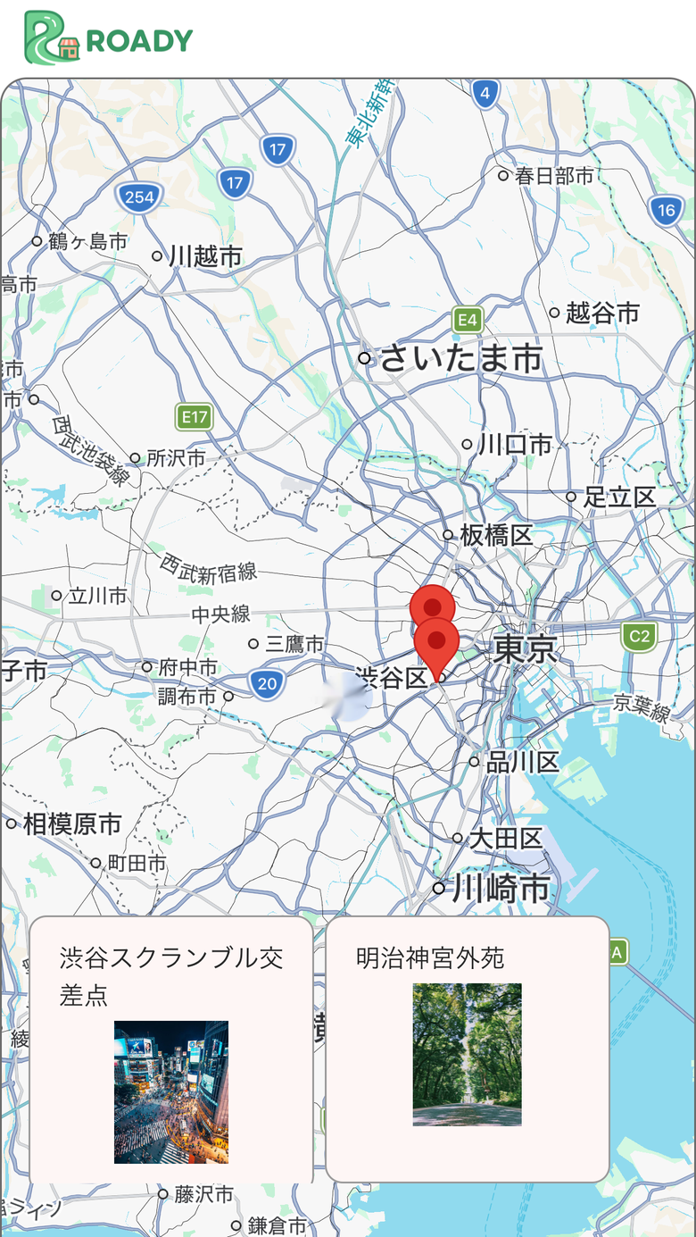 Roadyアプリの地図画面。提携スポットがピンと写真付きカードで表示されている